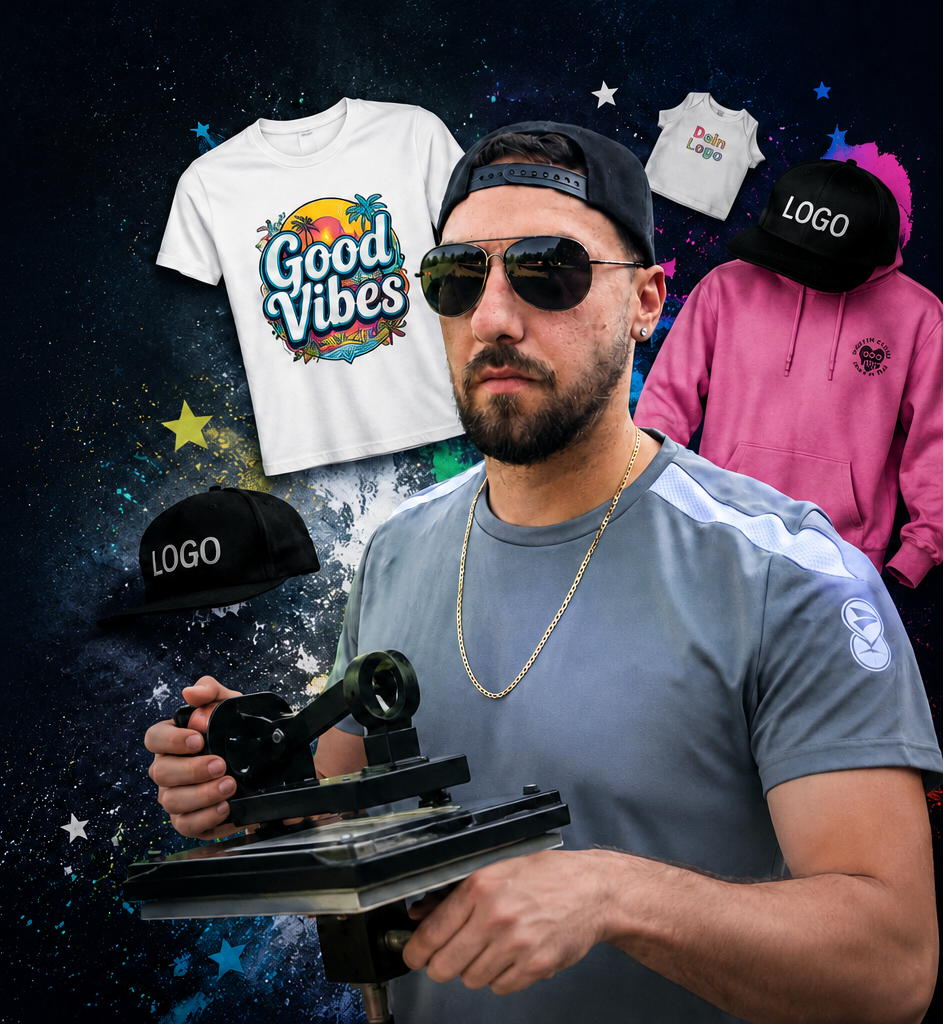 Man holding a camera with 'Good Vibes' t-shirt and branded items in the background