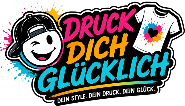 Logo with text 'DRUCK DICH GLÜklich' and a graphic of a t-shirt with colorful design.